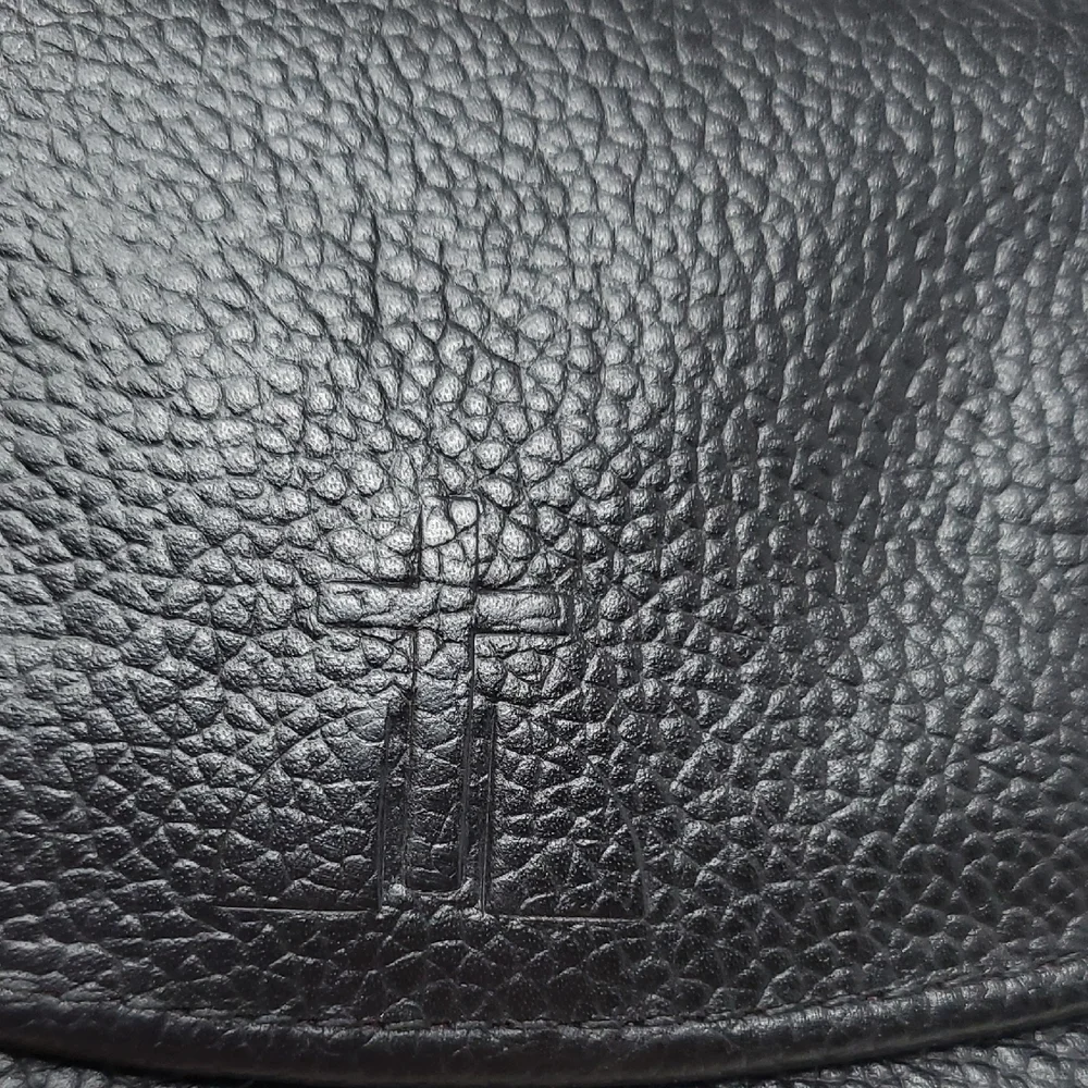 Black Leather Tri-fold Wallet With Cross Embrossed On Front